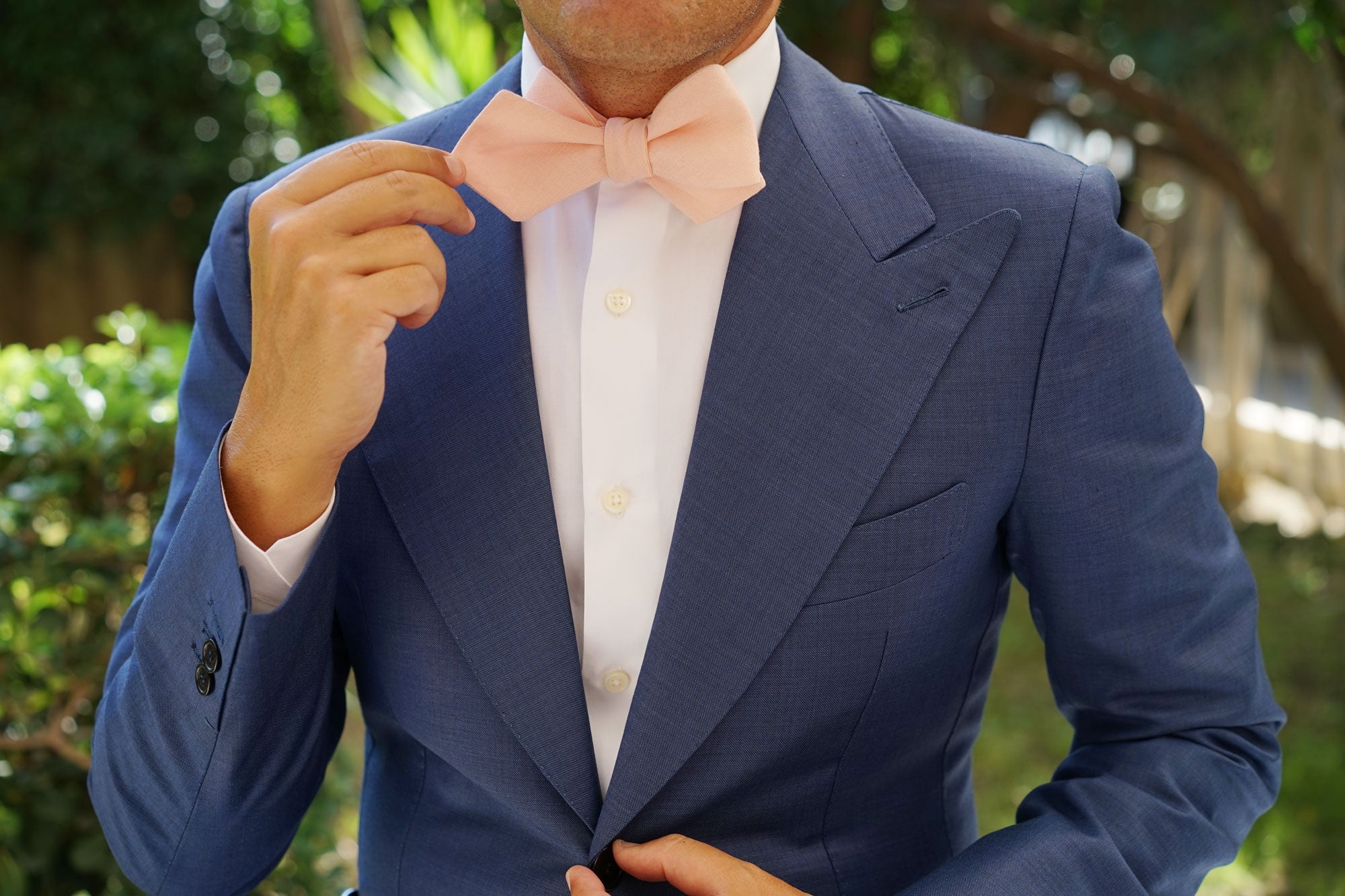 Dusty Peach Slub Linen Self Tie Diamond Tip Bow Tie