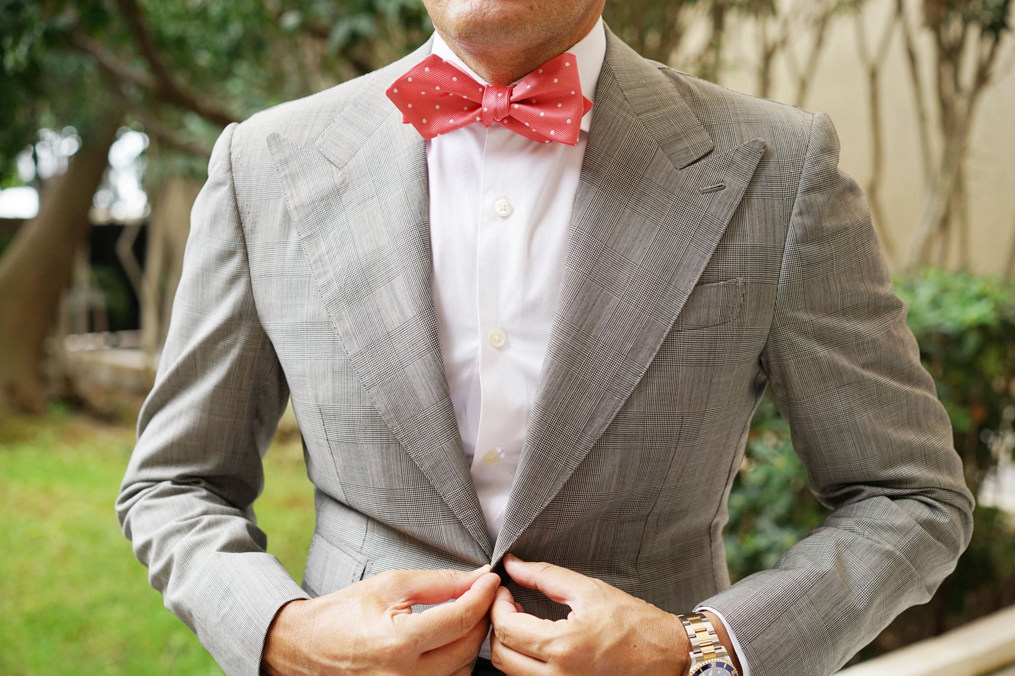 Coral Pink with White Polka Dots Self Tie Diamond Tip Bow Tie