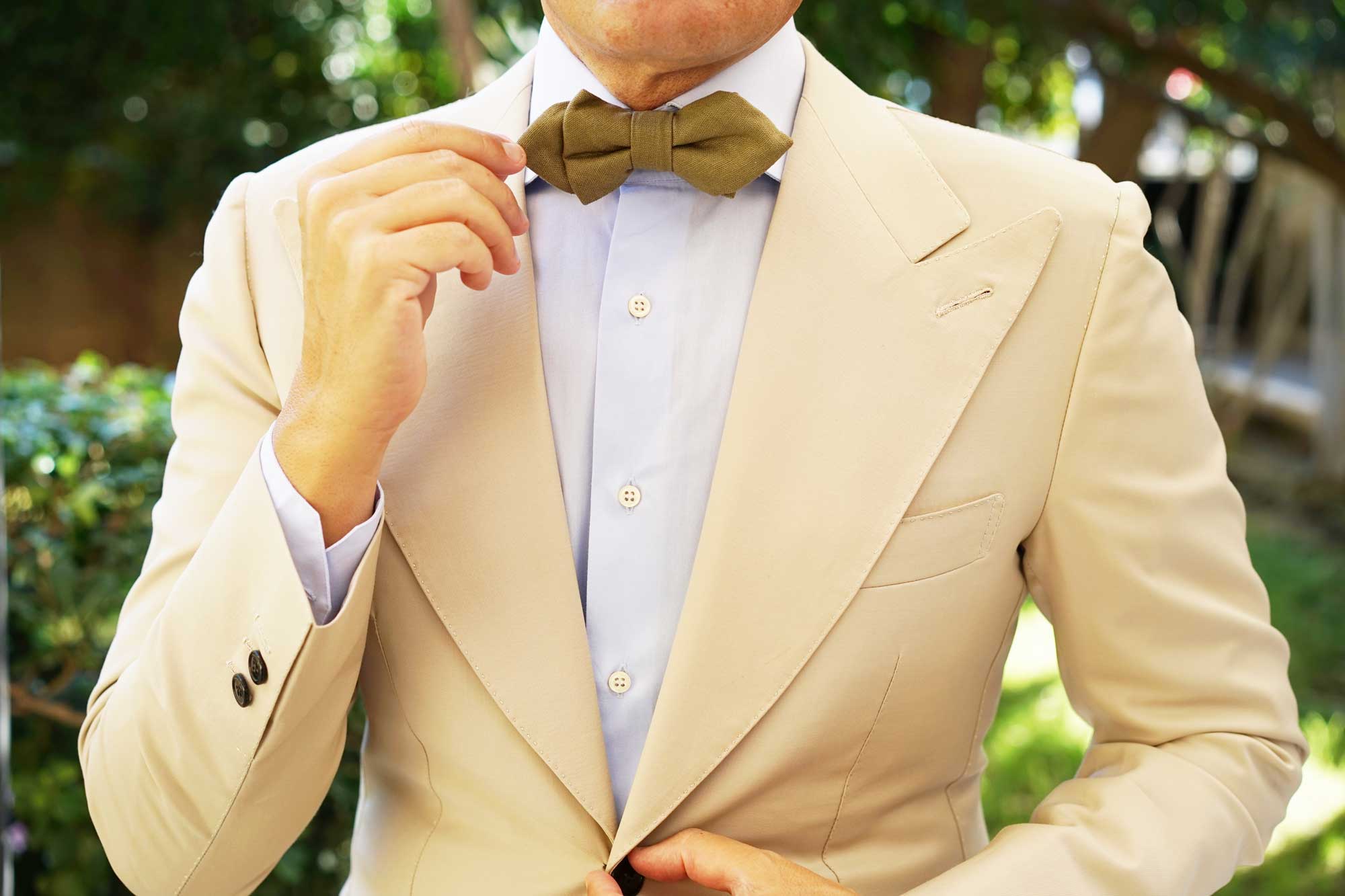 Dry Green Khaki Linen Diamond Bow Tie