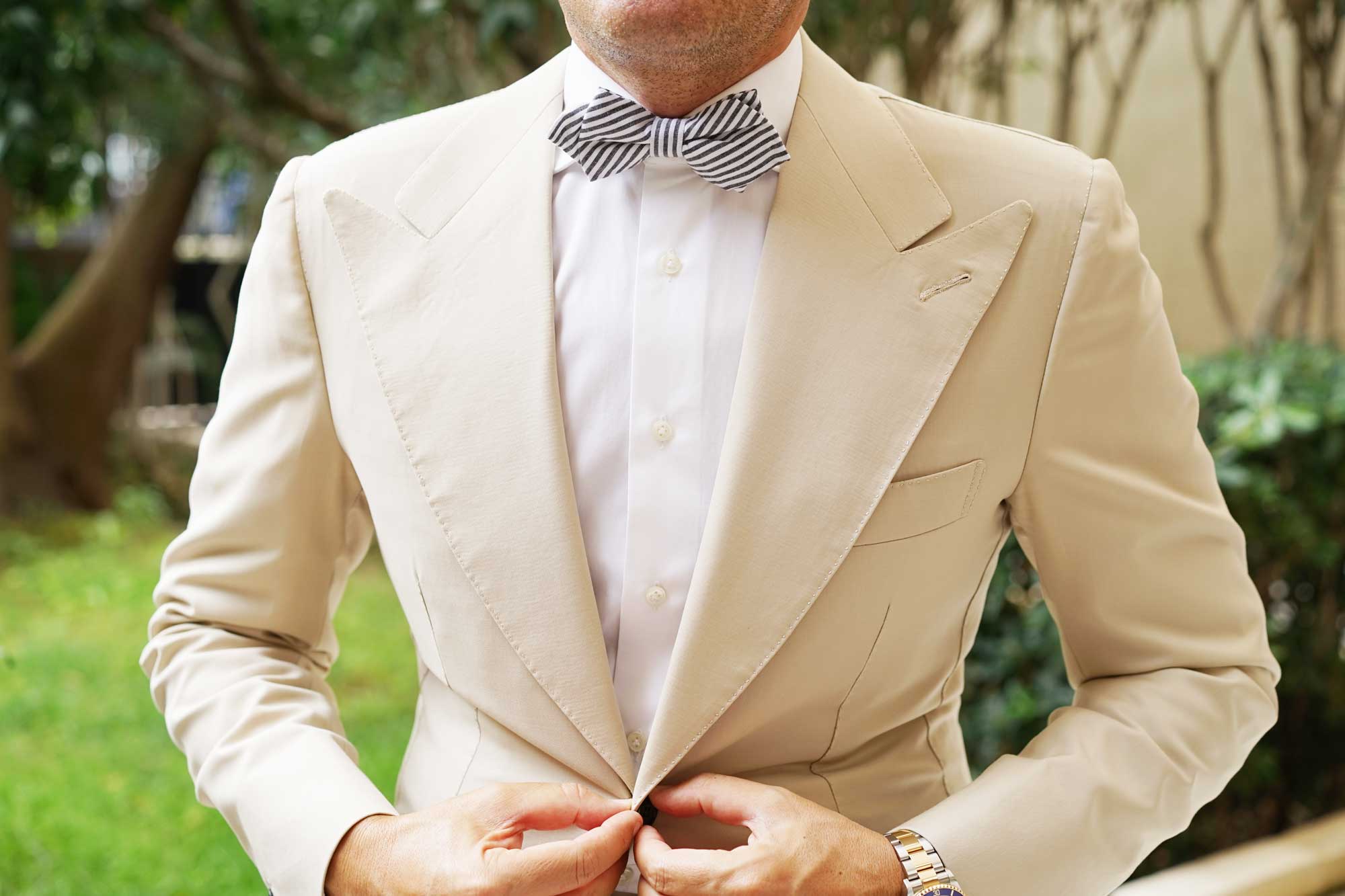 Black and White Chalk Stripe Cotton Diamond Bow Tie