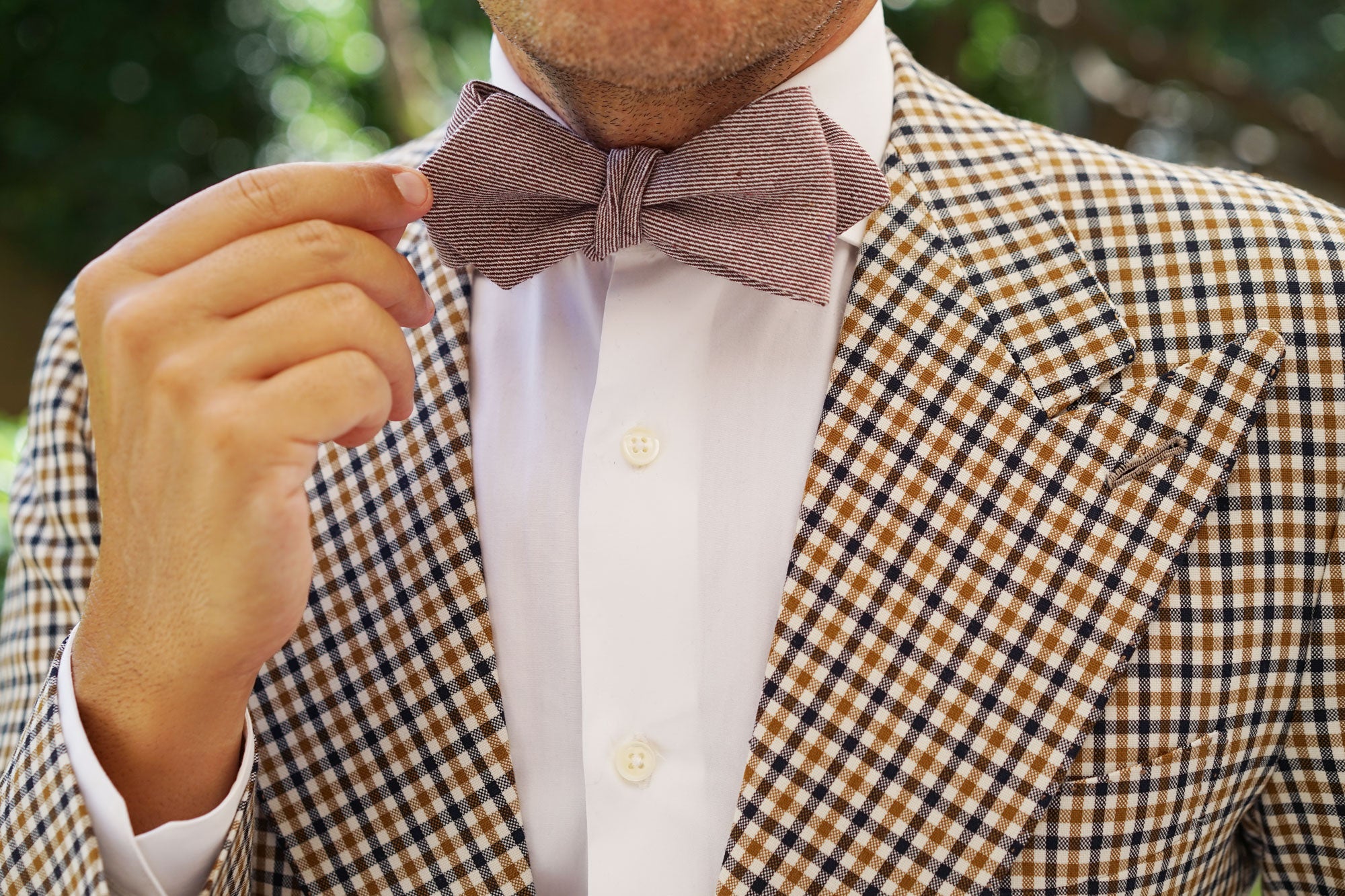 Brown & White Twill Stripe Linen Self Tie Diamond Tip Bow Tie