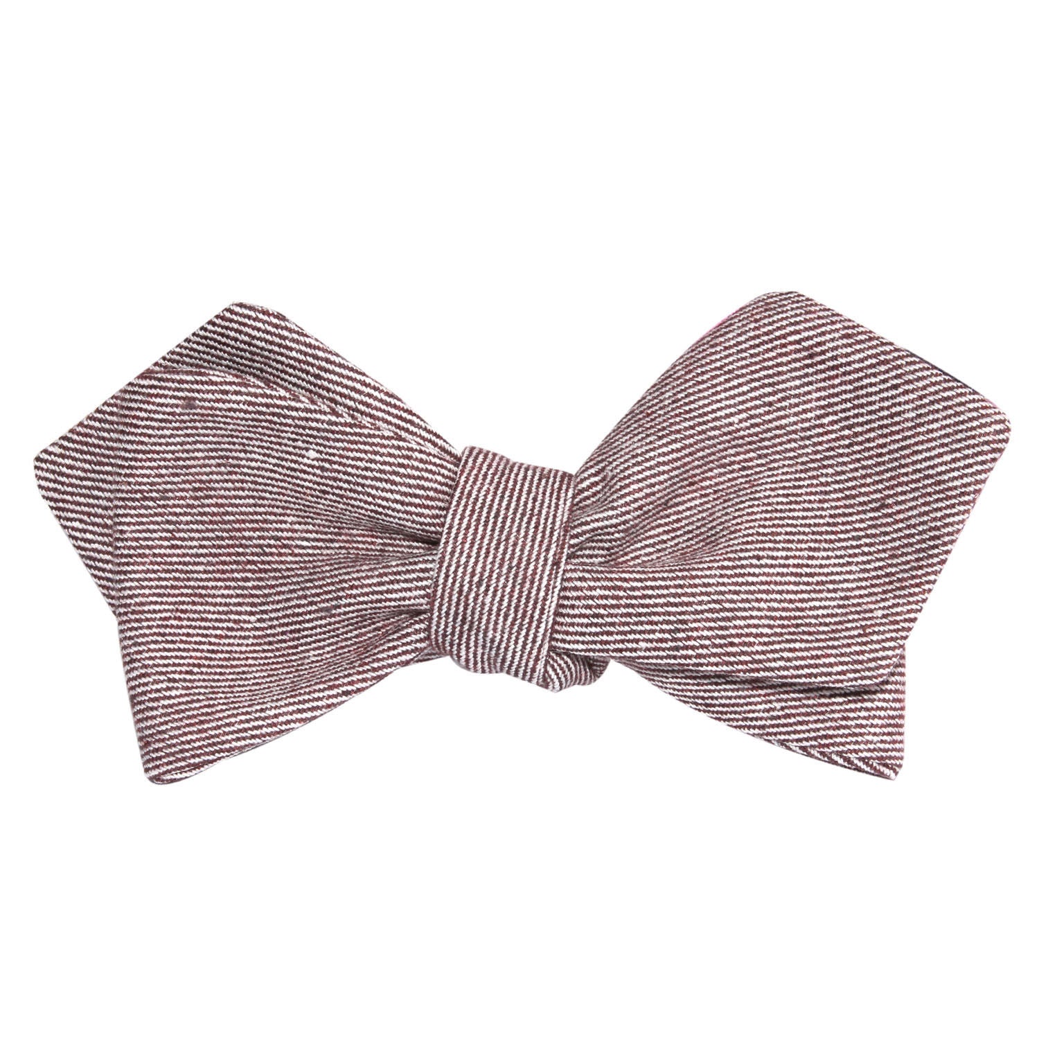 Brown & White Twill Stripe Linen Self Tie Diamond Tip Bow Tie