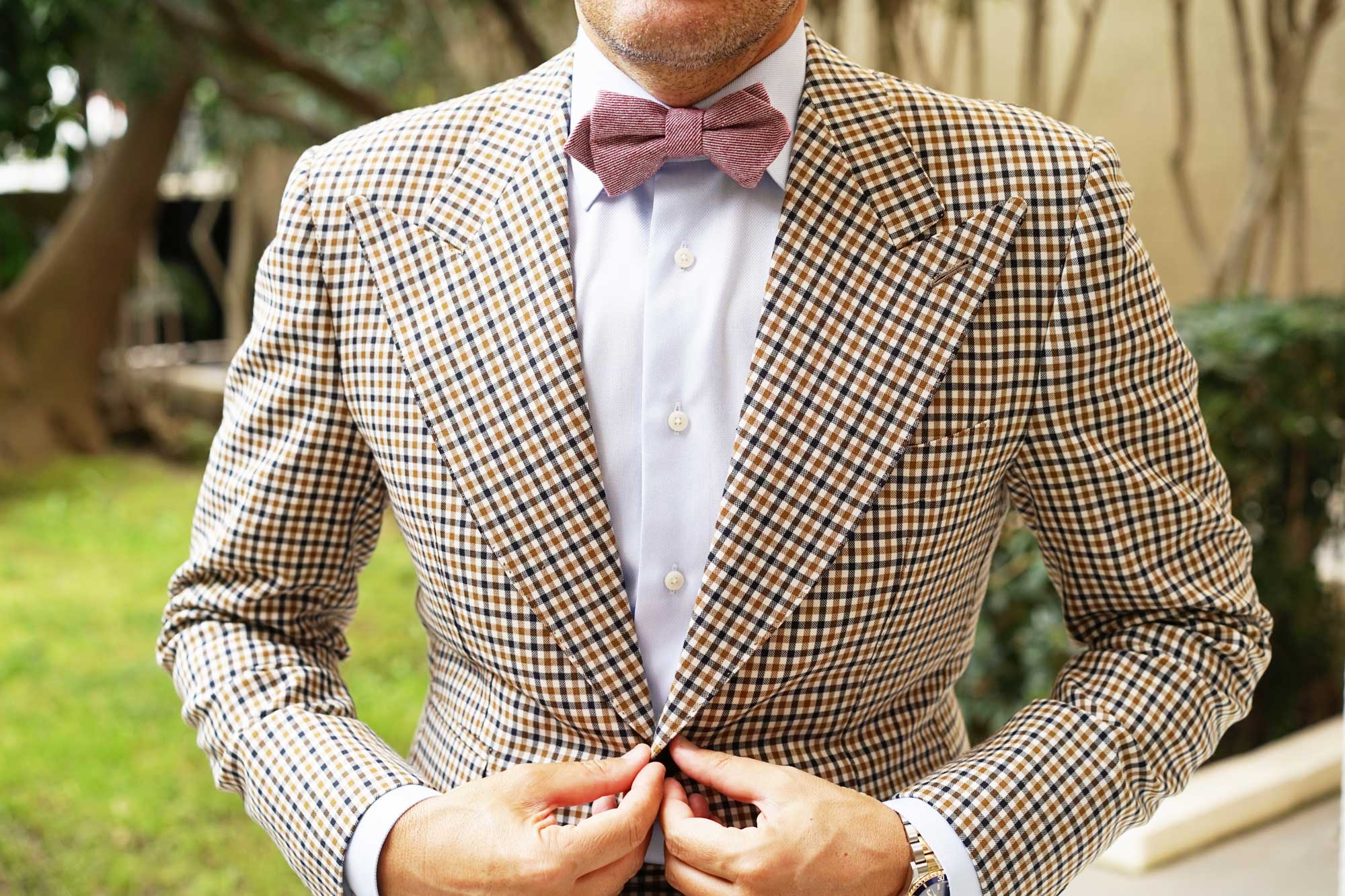 Maroon & White Twill Stripe Linen Diamond Bow Tie