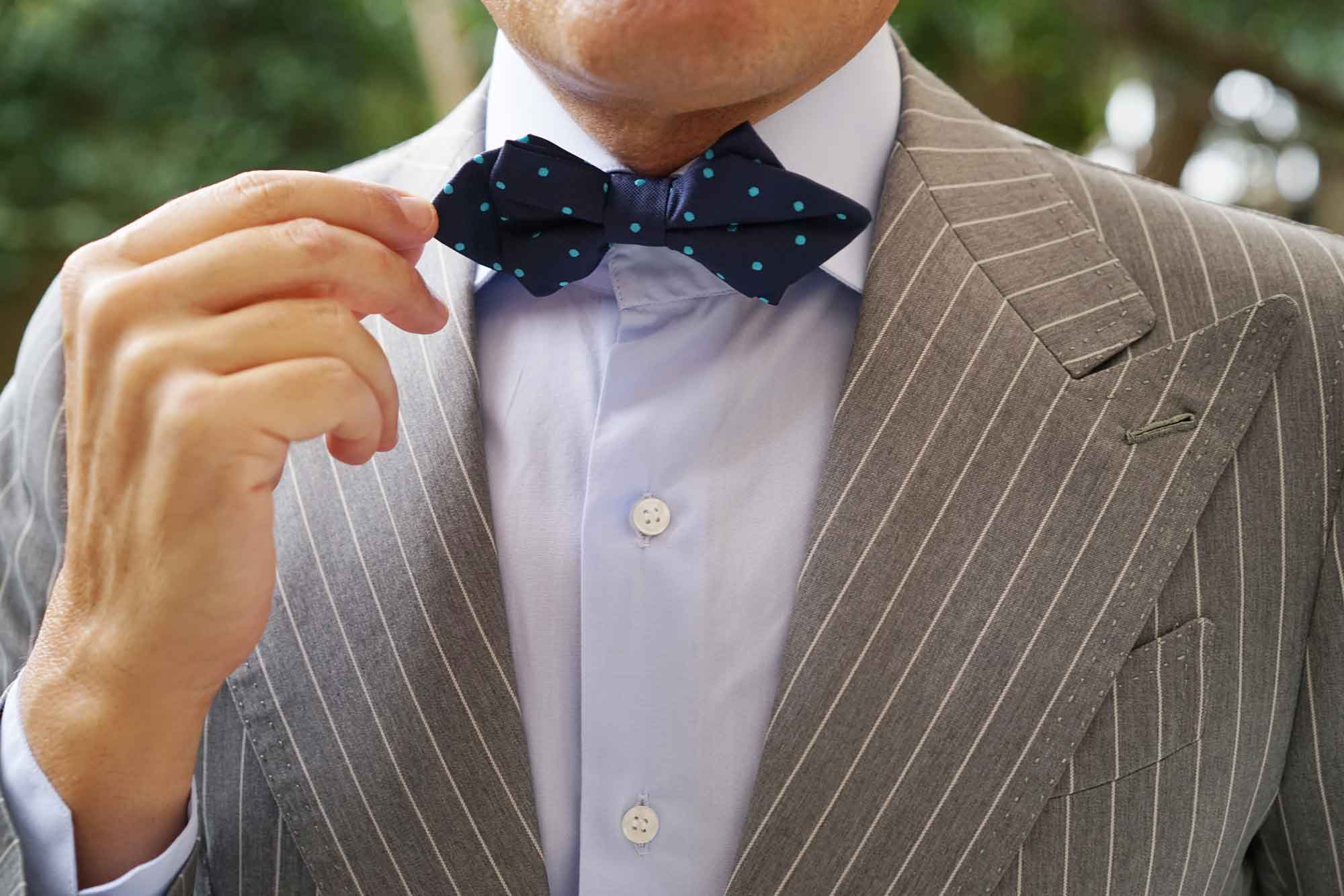 Navy Blue with Mint Blue Polka Dots Diamond Bow Tie