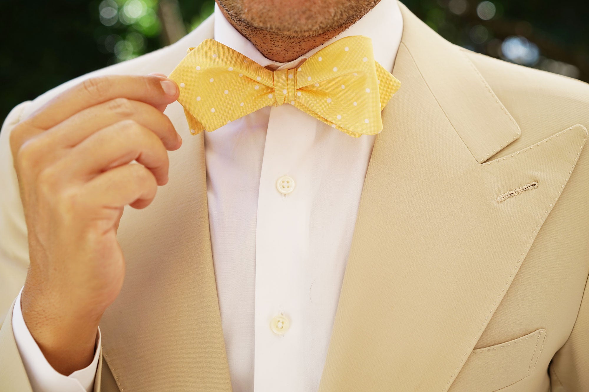 Yellow with White Polka Dots Self Tie Diamond Tip Bow Tie