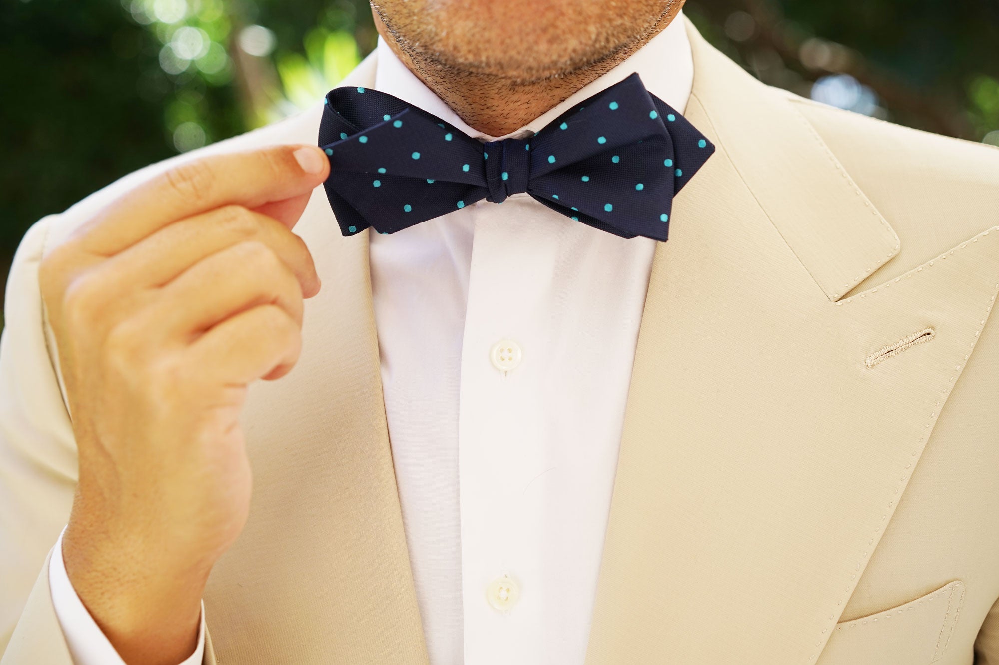 Navy Blue with Mint Blue Polka Dots Self Tie Diamond Tip Bow Tie