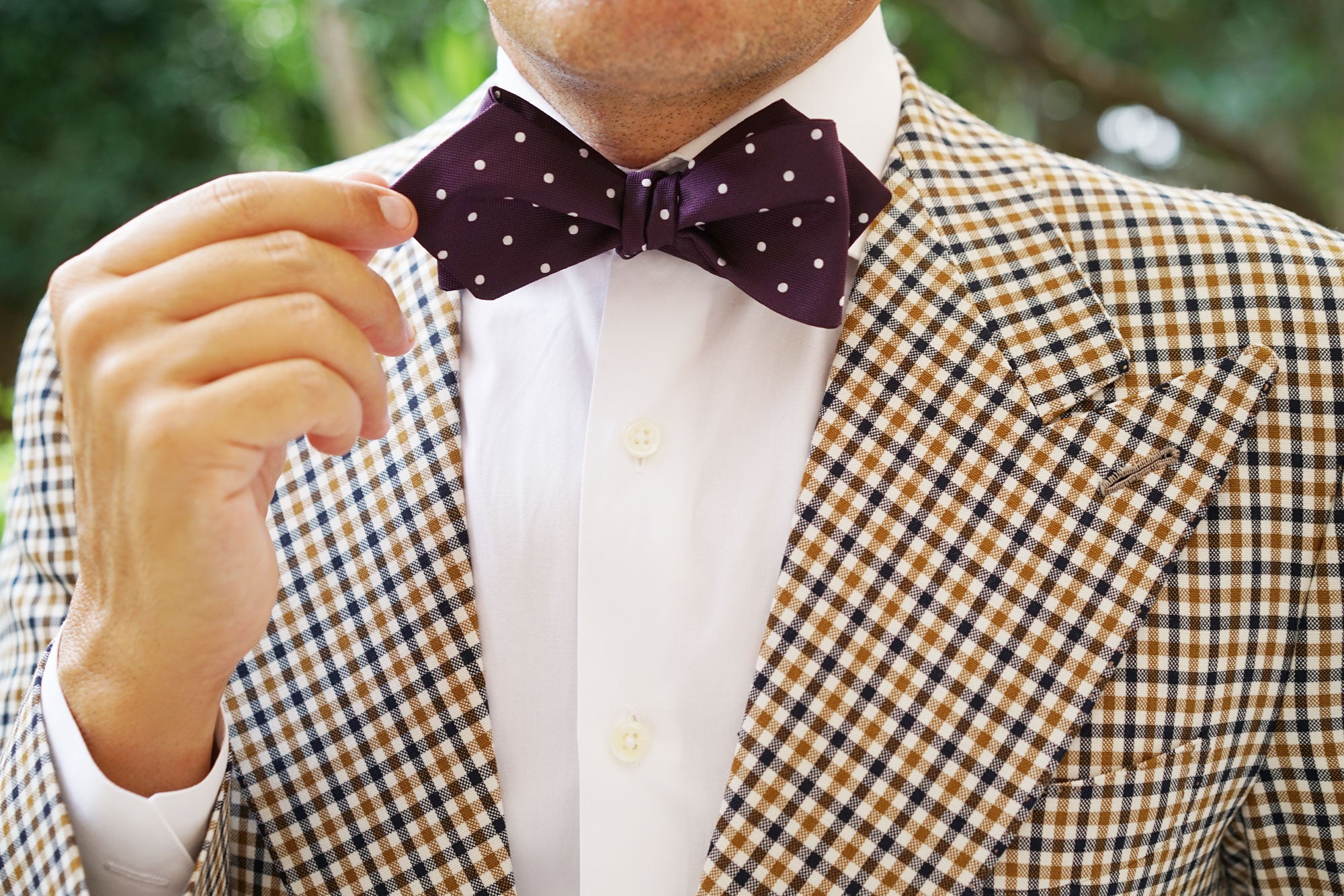 Eggplant Plum Purple with White Polka Dots Self Tie Diamond Tip Bow Tie